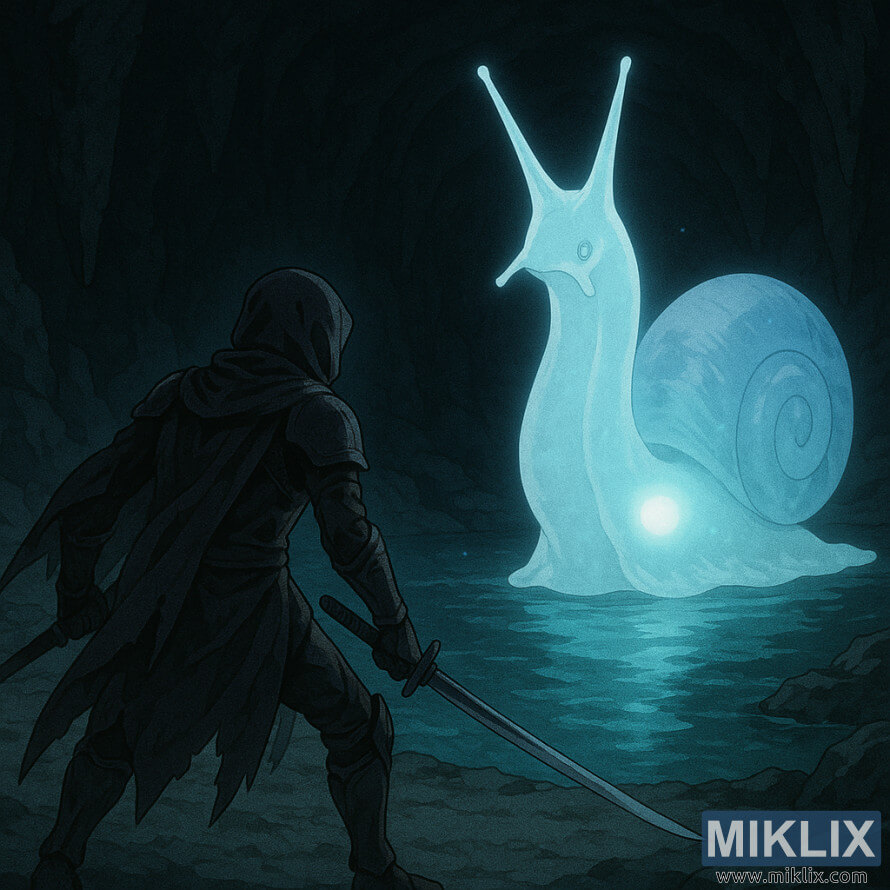 Cena ao estilo anime de um guerreiro da Faca Negra a enfrentar o Caracol Invocador de EspÃ­ritos brilhante dentro de uma caverna escura.