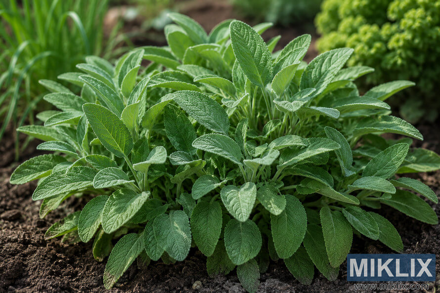Close-up landscape photograph of a healthy sage plant growing in rich garden soil under soft natural sunlight, with textured silvery-green leaves and a blurred green garden background. Close-up landscape photograph of a healthy sage plant growing in rich garden soil under soft natural sunlight, with textured silvery-green leaves and a blurred green garden background.