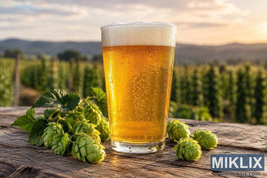 Photorealistic landscape image of a cold golden pale ale in a clear pint glass with a creamy white foam head, surrounded by fresh green hop cones and leaves on a rustic wooden table, with a softly blurred hop field, distant hills, and warm sunset sky in the background.