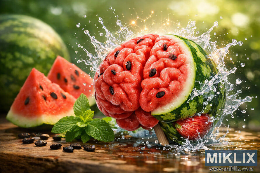 A vibrant digital photograph showing a human brain partially transformed into a watermelon, surrounded by splashing water and fresh watermelon slices, symbolizing hydration and brain health. A vibrant digital photograph showing a human brain partially transformed into a watermelon, surrounded by splashing water and fresh watermelon slices, symbolizing hydration and brain health.