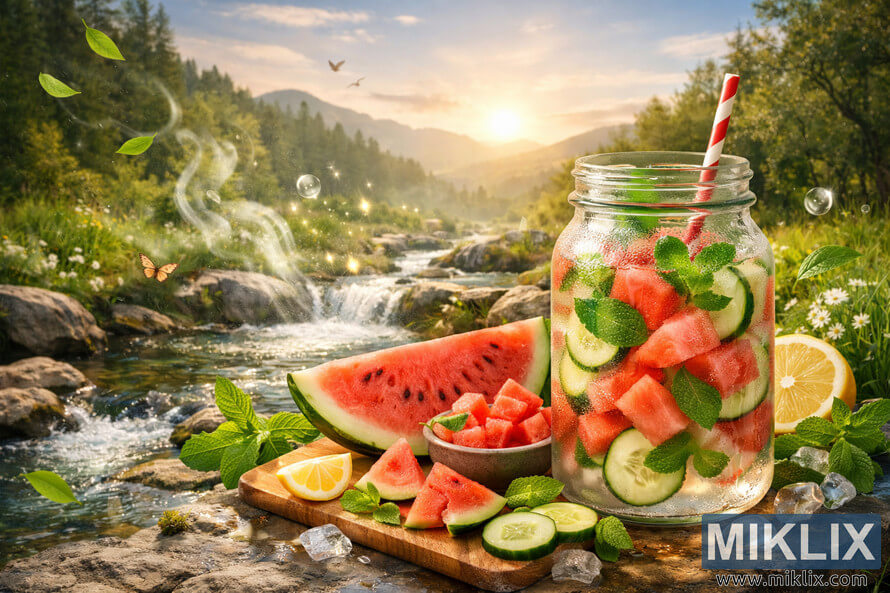 A vibrant landscape photograph showing a jar of watermelon detox water surrounded by fresh fruit, mint, and a flowing stream under sunrise. A vibrant landscape photograph showing a jar of watermelon detox water surrounded by fresh fruit, mint, and a flowing stream under sunrise.