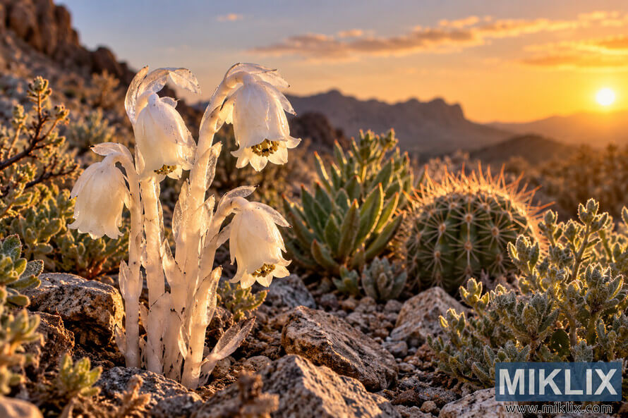 Translucent white bell-shaped flowers among a cactus, succulents, and rocky desert plants, backlit by a golden sunset over distant mountains. Translucent white bell-shaped flowers among a cactus, succulents, and rocky desert plants, backlit by a golden sunset over distant mountains.