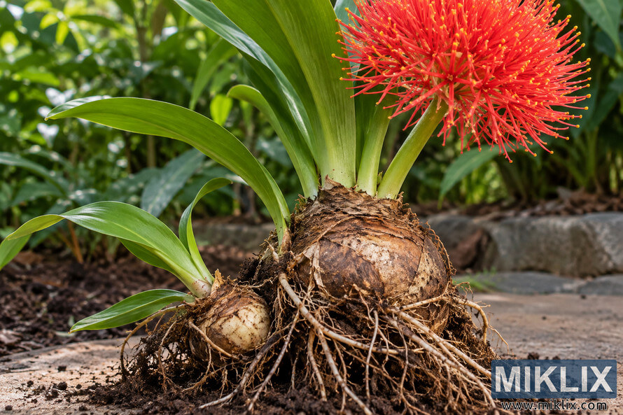 Exposed flowering bulb with roots and a smaller offset, surrounded by green leaves and topped by a bright red spherical flower. Exposed flowering bulb with roots and a smaller offset, surrounded by green leaves and topped by a bright red spherical flower.