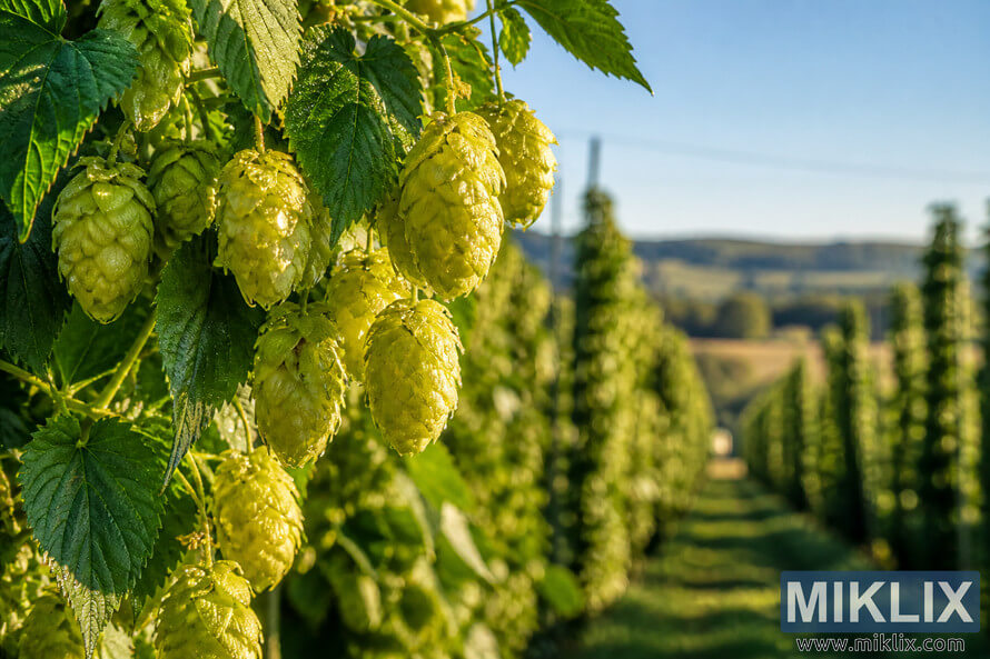 Close-up of dew-covered golden-green hop cones hanging from a lush vine in soft morning sunlight, with blurred rows of a traditional hop farm beneath a clear blue sky. Close-up of dew-covered golden-green hop cones hanging from a lush vine in soft morning sunlight, with blurred rows of a traditional hop farm beneath a clear blue sky.