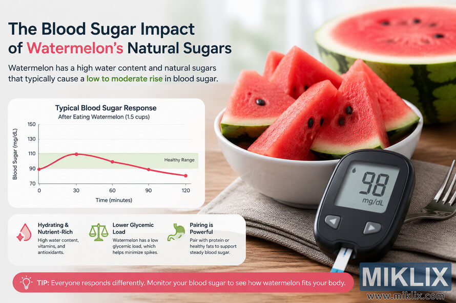 Educational infographic explaining the blood sugar impact of watermelon's natural sugars, featuring a bowl of fresh watermelon slices, a generic unbranded glucose meter, a simplified blood sugar response chart, and nutrition tips about hydration, glycemic load, and pairing watermelon with protein or healthy fats. Educational infographic explaining the blood sugar impact of watermelon's natural sugars, featuring a bowl of fresh watermelon slices, a generic unbranded glucose meter, a simplified blood sugar response chart, and nutrition tips about hydration, glycemic load, and pairing watermelon with protein or healthy fats.
