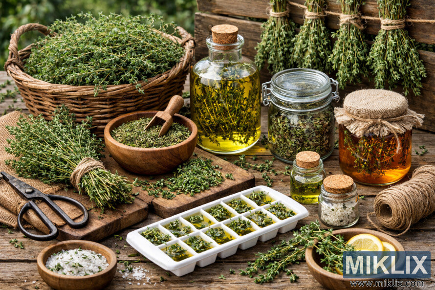 Cena rÃºstica de mesa mostrando tomilho recÃ©m-colhido com potes de Ã³leo aromatizado, ervas secas, cubos de tomilho congelado e feixes pendurados usados para conservaÃ§Ã£o.