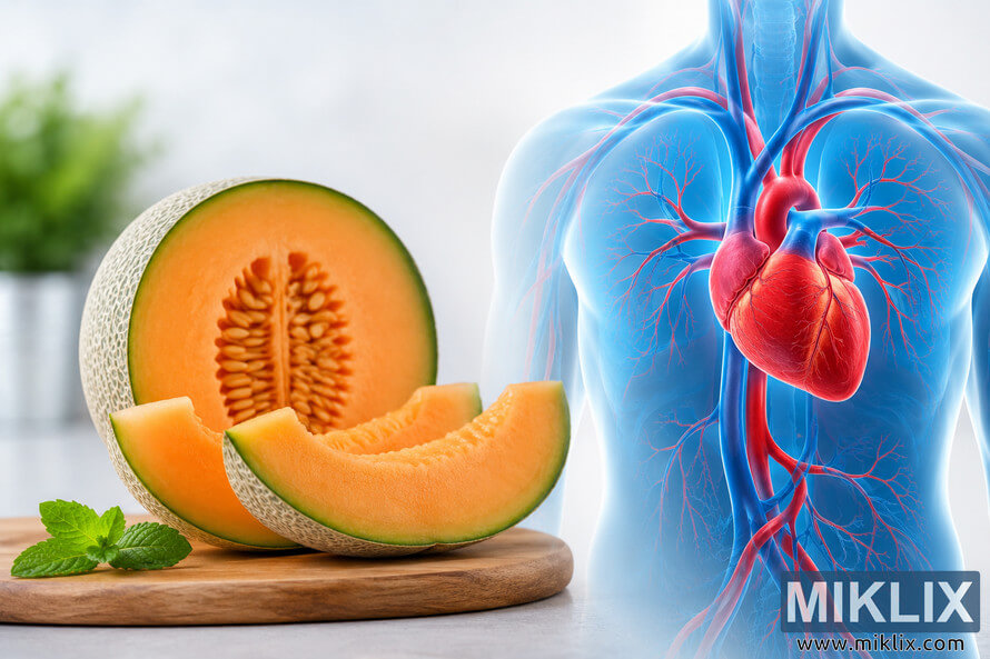 Photorealistic landscape image showing sliced cantaloupe melon on a wooden board beside a transparent human torso illustration highlighting the heart and blood vessels, symbolizing nutrition and cardiovascular health.