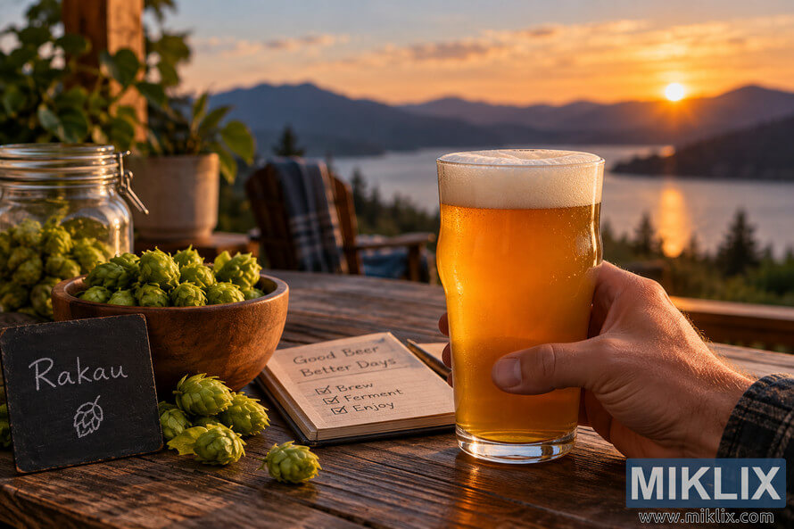 A hand holds a freshly poured golden homebrewed beer with a thick creamy head on a rustic wooden deck at sunset, surrounded by fresh green Rakau hops, a small chalkboard labeled Rakau, and a brewing notebook, with a peaceful lake and mountain landscape in the background.
