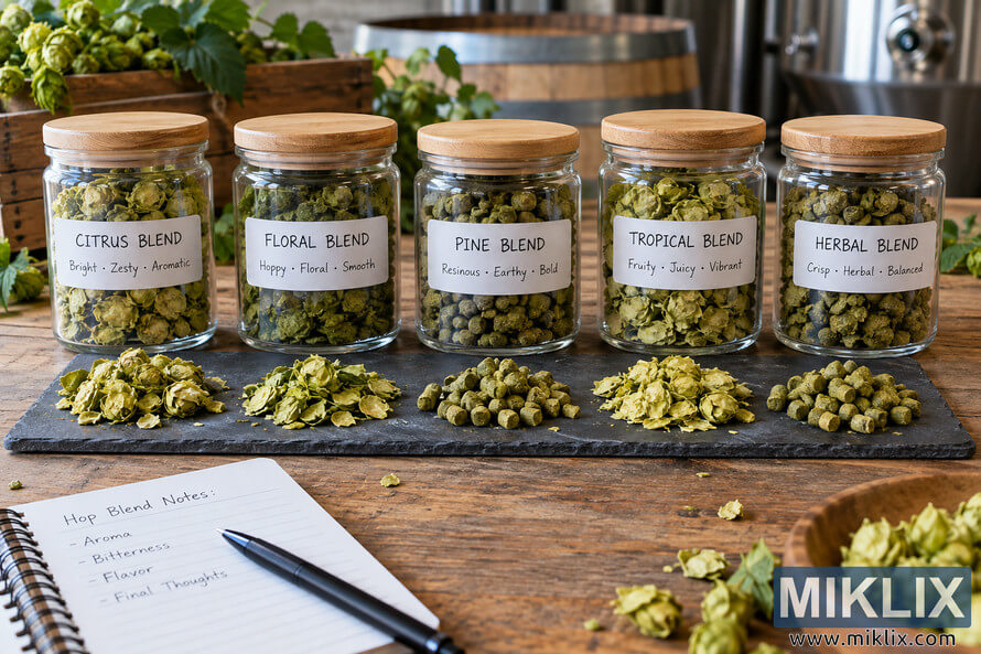 Five unbranded glass jars labeled Citrus Blend, Floral Blend, Pine Blend, Tropical Blend, and Herbal Blend sit on a rustic brewery workbench, with matching hop cones and pellets arranged on a dark slate board in front, alongside a tasting notebook, pen, loose hops, and softly blurred brewing equipment.