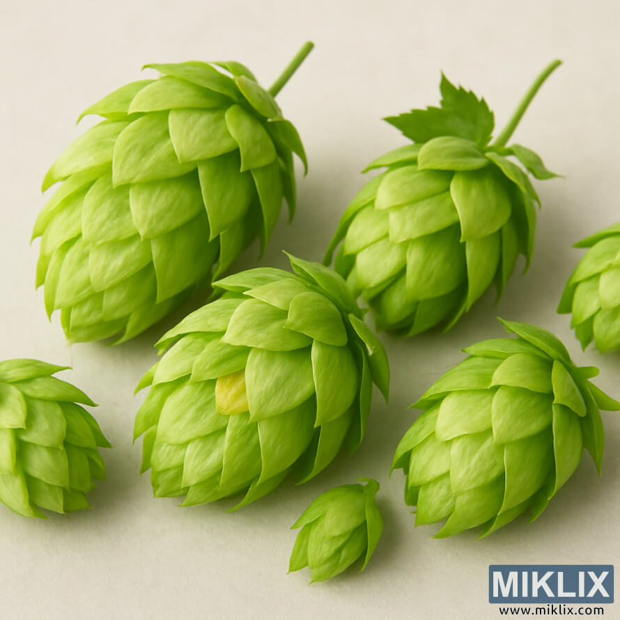 Kerucut hop Groene Bel sing anyar dipanen kanthi warna ijo sregep, nuduhake bract kertas alus lan kelenjar lupulin kuning ing latar mburi netral.