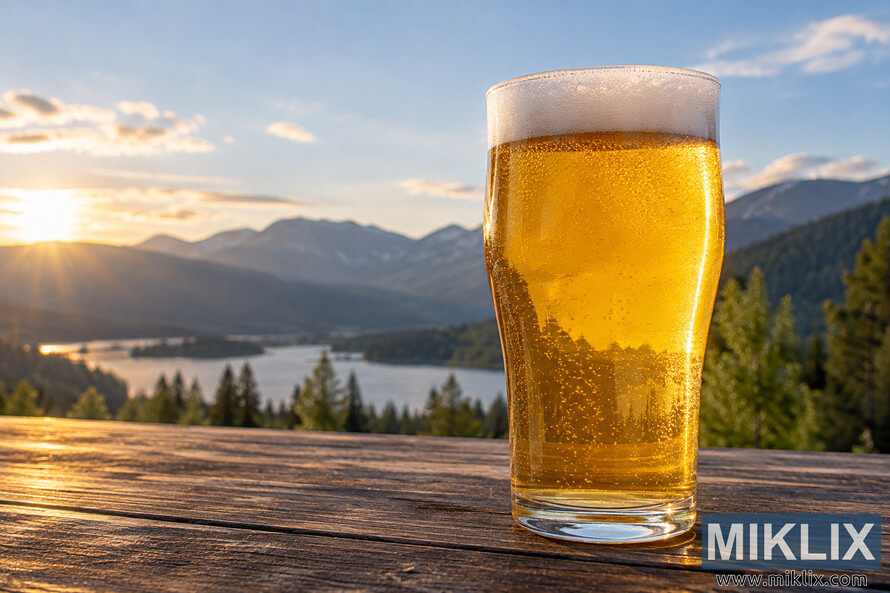 Clear, unbranded pint glass of golden session IPA with a white foam head and visible carbonation on a rustic wooden table, backlit by a warm sunset overlooking a mountain lake and evergreen forest. Clear, unbranded pint glass of golden session IPA with a white foam head and visible carbonation on a rustic wooden table, backlit by a warm sunset overlooking a mountain lake and evergreen forest.