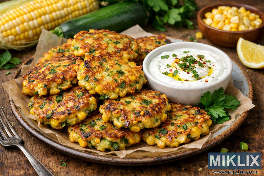 Golden corn and zucchini fritters served on a rustic plate with creamy yogurt sauce and fresh herbs. Golden corn and zucchini fritters served on a rustic plate with creamy yogurt sauce and fresh herbs.