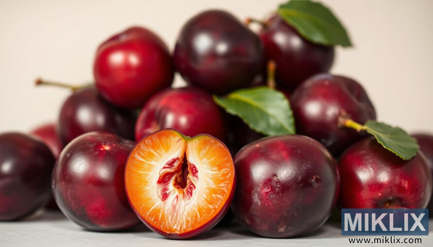 SveÅ¾e zrele slive z globoko vijoliÄno lupino, ki se lesketajo pod toplo svetlobo na minimalistiÄnem ozadju.