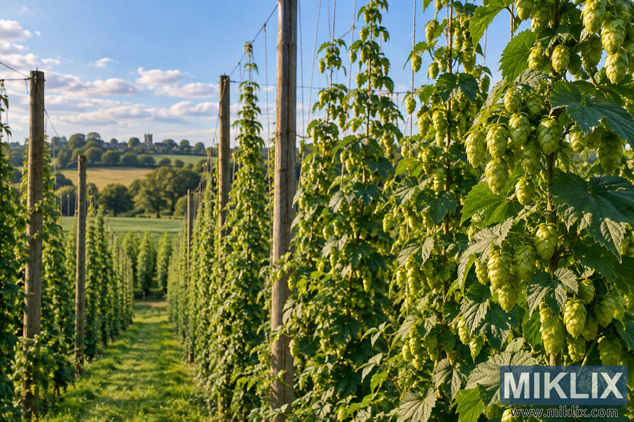 Landscape view of an English hop garden with mature green hop bines and cones climbing traditional strings and wirework supported by tall wooden poles, with rolling fields, trees and a distant village beneath a blue summer sky. Landscape view of an English hop garden with mature green hop bines and cones climbing traditional strings and wirework supported by tall wooden poles, with rolling fields, trees and a distant village beneath a blue summer sky.