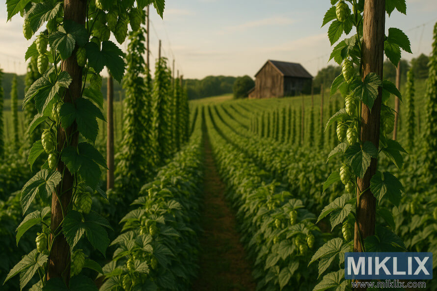 Zonovergoten hopveld met weelderige ranken die langs rekjes klimmen en in de verte een verweerde schuur.