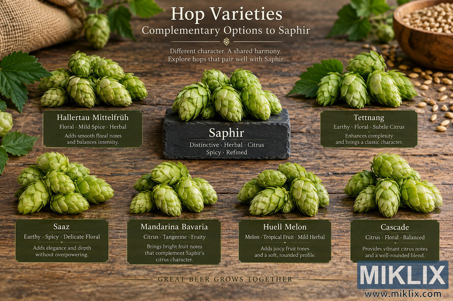 Landscape brewing infographic showing fresh Saphir hop cones on a central slate surrounded by Hallertau MittelfrÃ¼h, Tettnang, Saaz, Mandarina Bavaria, Huell Melon, and Cascade hops, with tasting notes on a rustic wooden table.