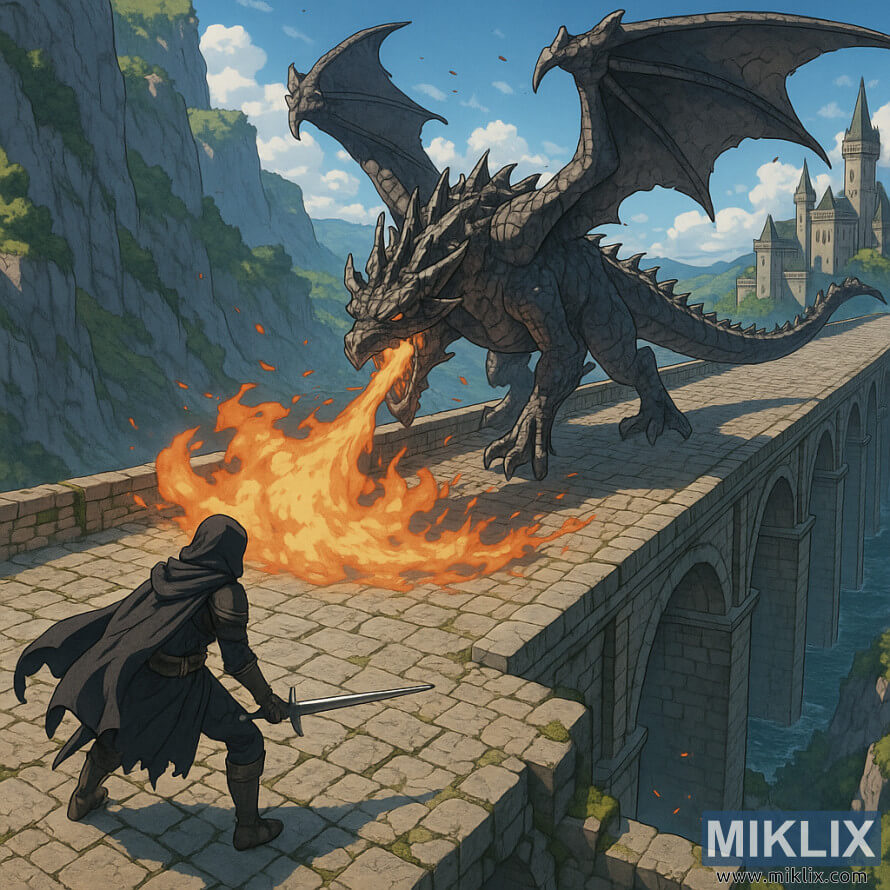 Izometrijska scena u anime stilu u kojoj se Tarnished suoÄava s LeteÄim Zmajem Greyllom na Farum Greatbridgeu u Elden Ringu.