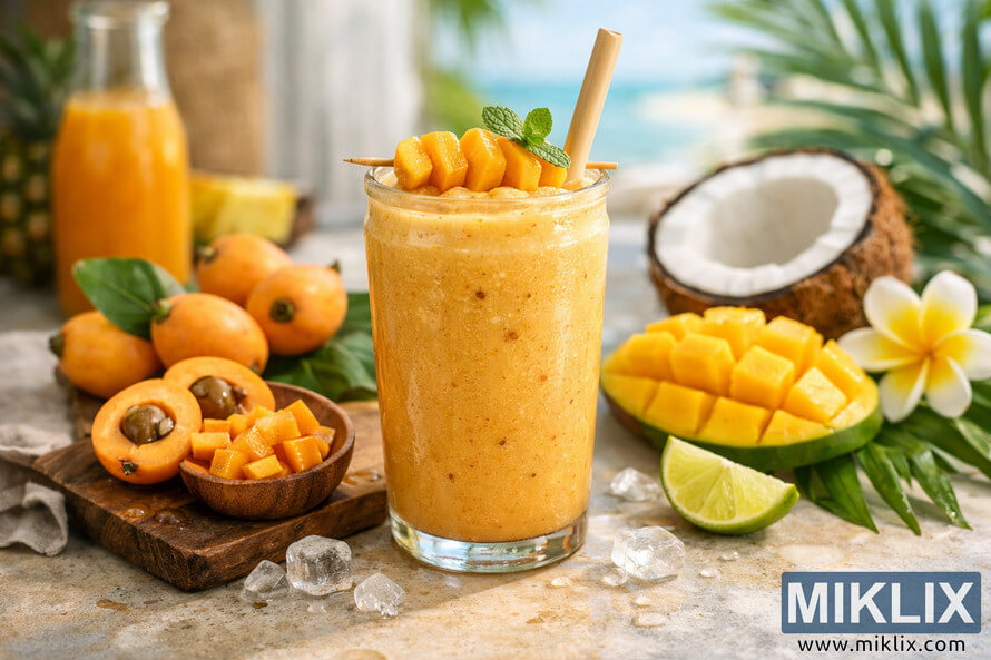 A tall glass jar of golden-orange tropical loquat smoothie sits on a light stone kitchen counter, topped with a skewer of sliced loquats and a sprig of mint, with a bamboo straw leaning from the glass. Around it are halved and whole loquats on a wooden cutting board, a small bowl of diced loquats with melting ice cubes, a cubed mango half, a halved coconut, a lime wedge, and tropical leaves and a yellow flower, all set against a softly blurred beach scene visible through a sunlit window. A tall glass jar of golden-orange tropical loquat smoothie sits on a light stone kitchen counter, topped with a skewer of sliced loquats and a sprig of mint, with a bamboo straw leaning from the glass. Around it are halved and whole loquats on a wooden cutting board, a small bowl of diced loquats with melting ice cubes, a cubed mango half, a halved coconut, a lime wedge, and tropical leaves and a yellow flower, all set against a softly blurred beach scene visible through a sunlit window.
