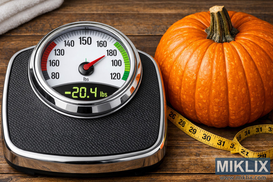 A bathroom scale showing weight loss progress beside a bright orange pumpkin on a rustic wooden floor.