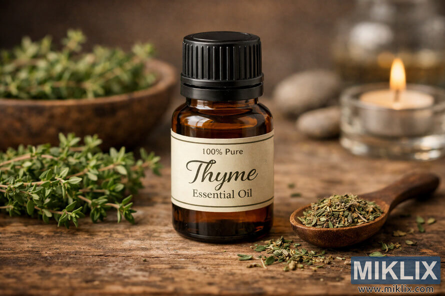 Amber glass bottle labeled 'Thyme Essential Oil' placed on a rustic wooden table surrounded by fresh thyme sprigs, a wooden spoon filled with dried thyme leaves, and a softly glowing candle in the background. Amber glass bottle labeled 'Thyme Essential Oil' placed on a rustic wooden table surrounded by fresh thyme sprigs, a wooden spoon filled with dried thyme leaves, and a softly glowing candle in the background.