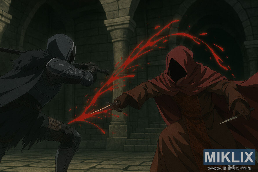 Anime stiliaus gerbÄjÅ³ pieÅ¡inys, kuriame vaizduojamas ApgailÄtinas kovos gobtuvu apsirengÄs Esgaras, Kraujo Å¾ynys, Eldeno Ringo Leyndell katakombose.