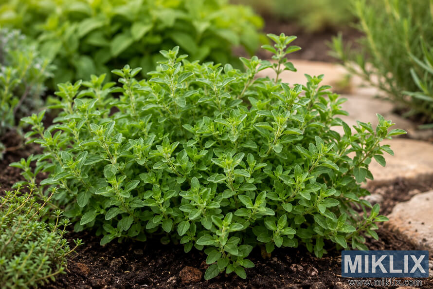 Close-up landscape photograph of fresh green marjoram growing in rich soil within a serene natural herb garden, surrounded by soft-focus herbs and a rustic stone pathway in gentle daylight.