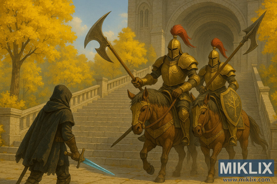 Lukisan bergaya fantasi yang menggambarkan seorang Tarnished berjubah menghadapi dua Penjaga Pohon bersenjata tombak di atas kuda di tangga batu menuju Leyndell di Elden Ring.
