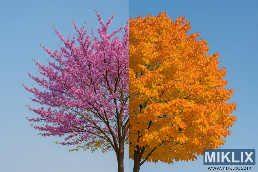 Un seul arbre de redbud montrant deux moitiÃ©s : lâune couverte de fleurs roses de printemps et lâautre de feuilles dâautomne dorÃ©-orange sous un ciel bleu clair.
