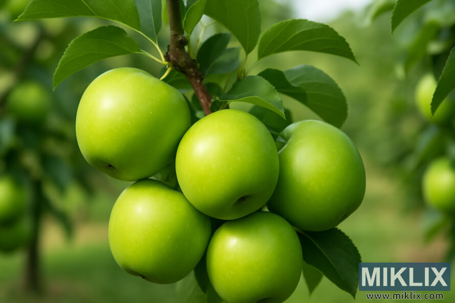 Gambar dekat epal Granny Smith dengan kulit berkilat hijau terang yang tergantung pada dahan.