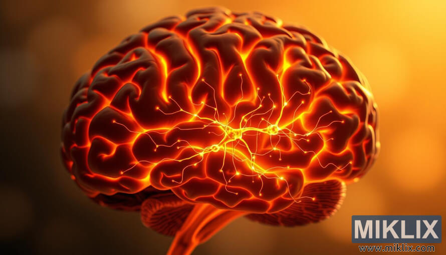 ŽareÄi prerez ÄloveÅ¡kih možganov z nevronskimi potmi, osvetljenimi v zlati svetlobi. ŽareÄi prerez ÄloveÅ¡kih možganov z nevronskimi potmi, osvetljenimi v zlati svetlobi.