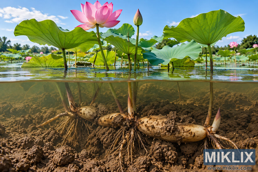 Split-level view of pink lotus flowers and green leaves above shallow water, with pale rhizomes and roots growing through heavy dark clay soil below.