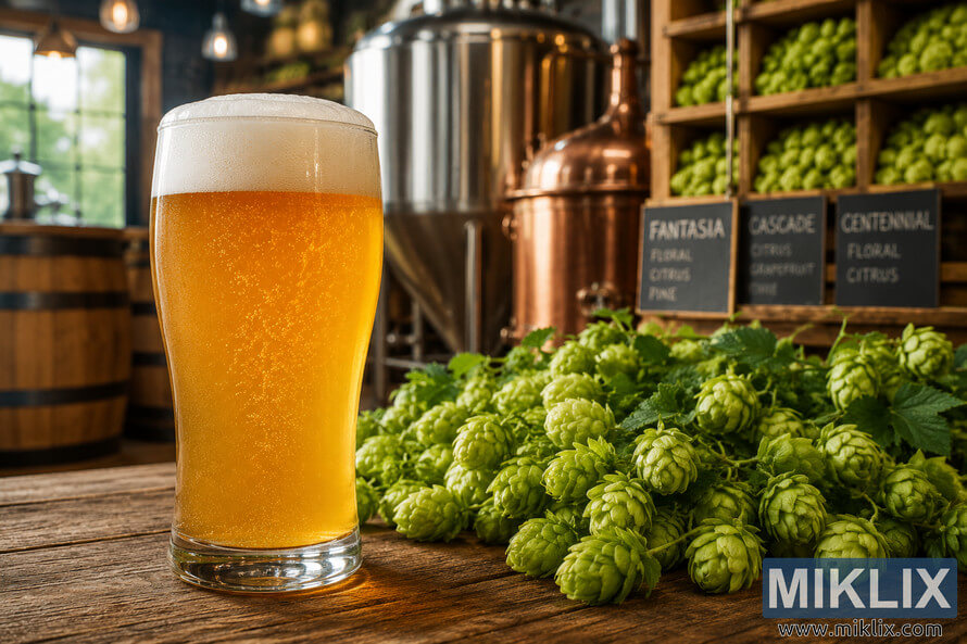 A hazy golden pale ale with a creamy white head sits on a rustic wooden table beside fresh green Fantasia hops, with brewing equipment, wooden barrels, and softly blurred brewery shelves creating a warm artisanal atmosphere. A hazy golden pale ale with a creamy white head sits on a rustic wooden table beside fresh green Fantasia hops, with brewing equipment, wooden barrels, and softly blurred brewery shelves creating a warm artisanal atmosphere.