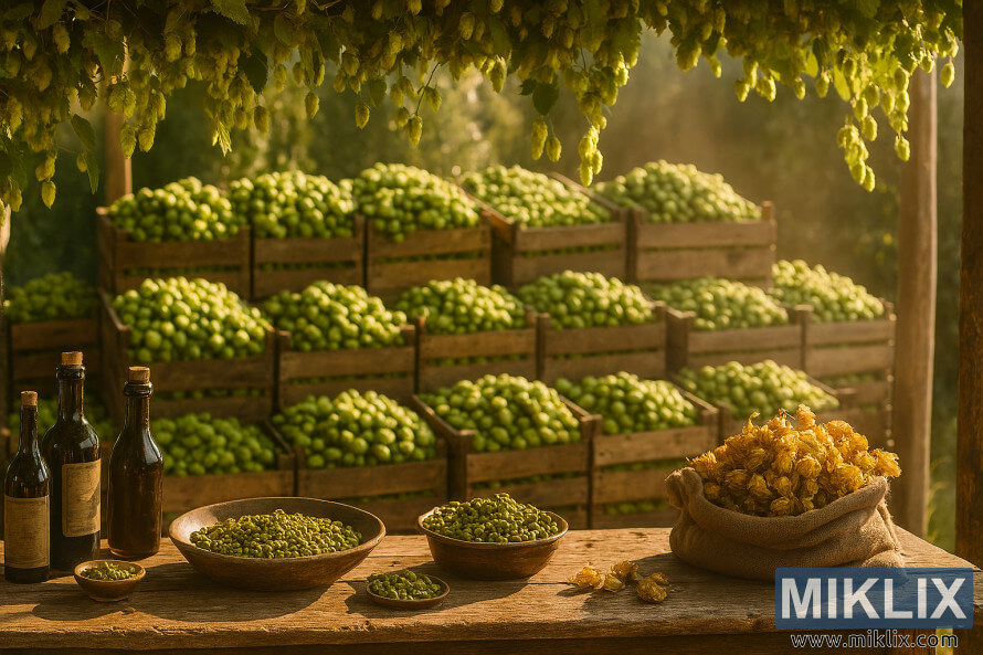Auringonvalossa valaistu humalamarkkinakoju, jossa on tuoreita humalalaatikoita, oluen aineksia ja putoavia köynnöksiä Auringonvalossa valaistu humalamarkkinakoju, jossa on tuoreita humalalaatikoita, oluen aineksia ja putoavia köynnöksiä