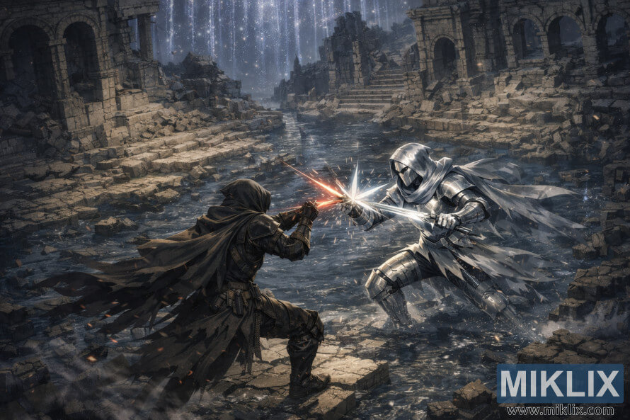 Fan art semi-rÃ©aliste du Sans-Ã©clat en armure Black Knife combattant la Mimic Tear argentÃ©e sur des ruines de pierre inondÃ©es Ã  Nokron, vue dâun angle isomÃ©trique surÃ©levÃ©.