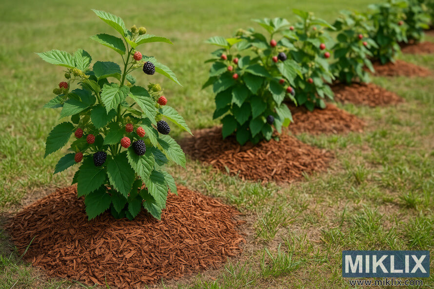 Une rangÃ©e de jeunes plants de mÃ»riers aux feuilles vertes et aux baies mÃ»res, entourÃ©e de paillis de bois brun rougeÃ¢tre, dans un jardin herbeux.