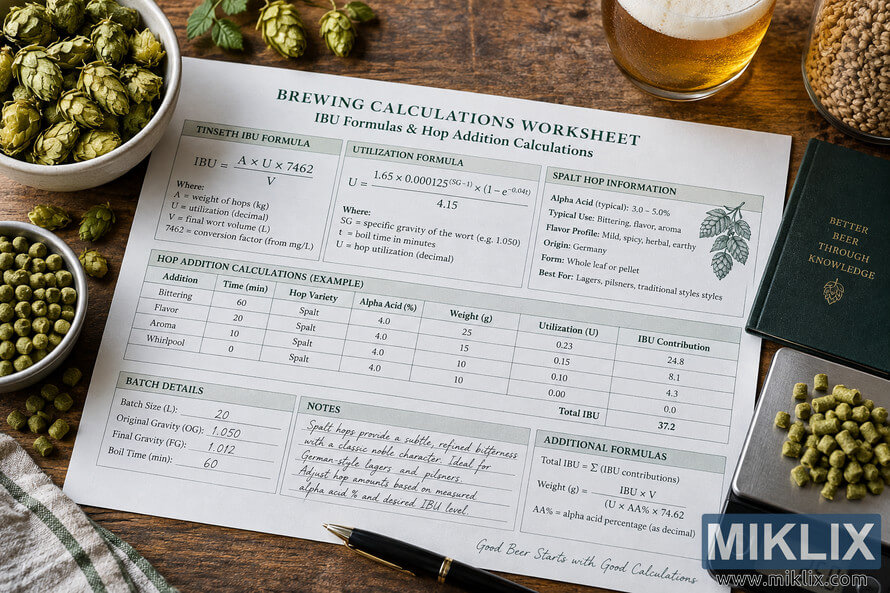 Overhead landscape photo of a brewing calculations worksheet showing IBU formulas and example Spalt hop addition calculations, surrounded by whole hop cones, hop pellets, brewing grain, a digital scale reading 25.0 grams, a pen, notebook, towel, and a glass of golden beer on a rustic wooden table. Overhead landscape photo of a brewing calculations worksheet showing IBU formulas and example Spalt hop addition calculations, surrounded by whole hop cones, hop pellets, brewing grain, a digital scale reading 25.0 grams, a pen, notebook, towel, and a glass of golden beer on a rustic wooden table.