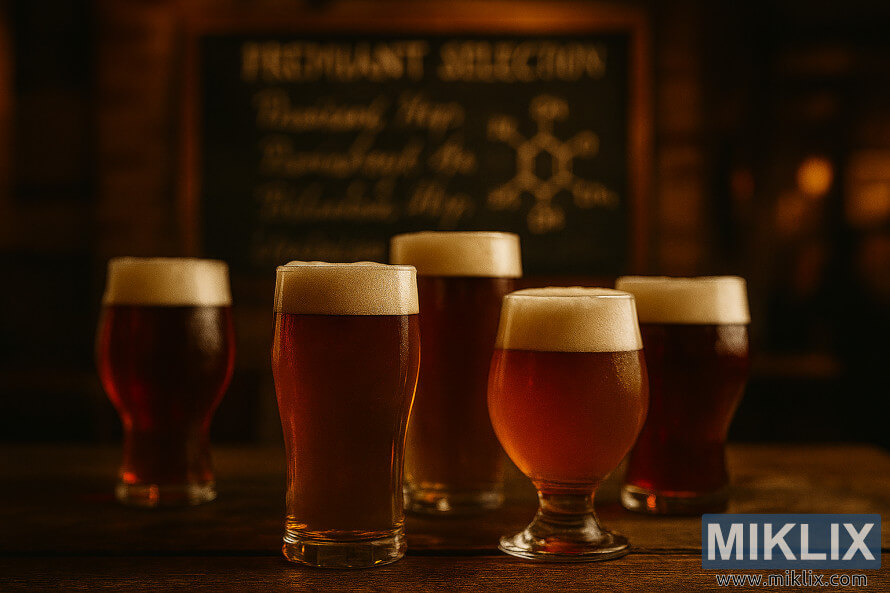 Piecas glÄzes ar Premiant apiÅiem aplieta alus uz nolietota koka galda silti apgaismotÄ krodziÅÄ