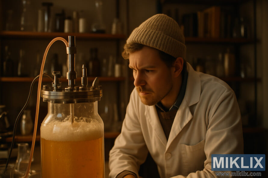 Egy technikus alaposan tanulmÃ¡nyoz egy bugyborÃ©kolÃ³ erjesztÅt egy meleg, lÃ¡gyan megvilÃ¡gÃ­tott laboratÃ³riumban.