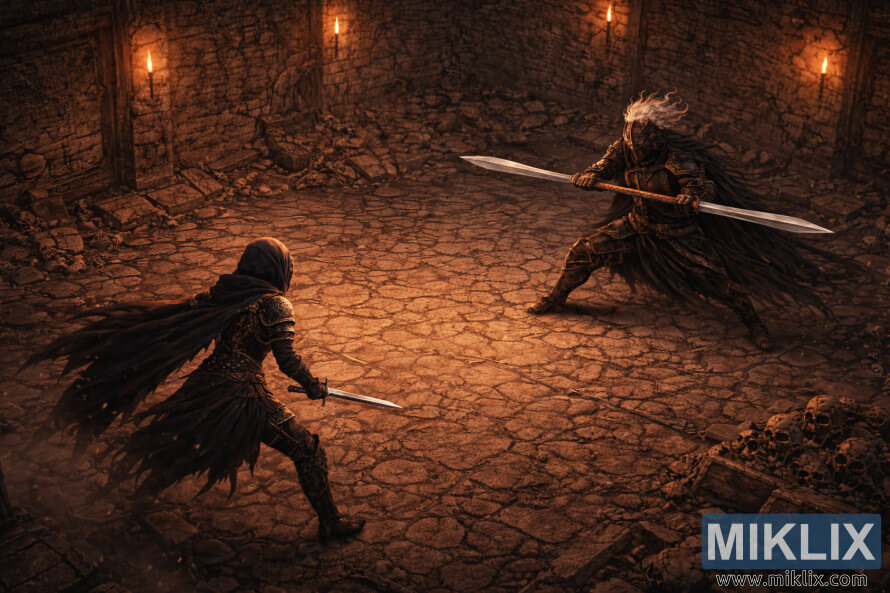 Isometric anime-style view of the Tarnished facing Black Knight Edredd with a long double-ended sword inside a ruined torchlit stone chamber