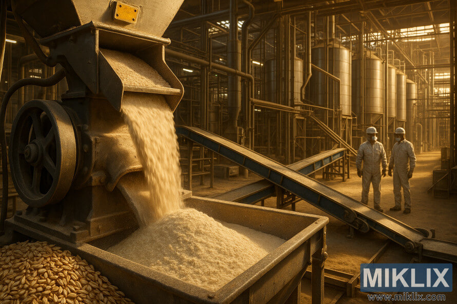 Industriell havremÃ¸lle med maskiner som maler havre, transportÃ¸rer som flytter mel og arbeidere som overvÃ¥ker.