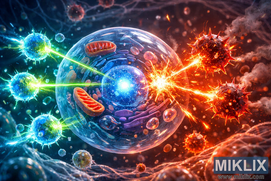 Microscopic sci-fi illustration of a glowing blue cell with a radiant nucleus, where blue and green antioxidant spheres on the left fire laser-like energy beams at spiky red and orange free radical spheres on the right, creating bright explosive collisions of light at the center, surrounded by detailed organelles and translucent cellular filaments. Microscopic sci-fi illustration of a glowing blue cell with a radiant nucleus, where blue and green antioxidant spheres on the left fire laser-like energy beams at spiky red and orange free radical spheres on the right, creating bright explosive collisions of light at the center, surrounded by detailed organelles and translucent cellular filaments.