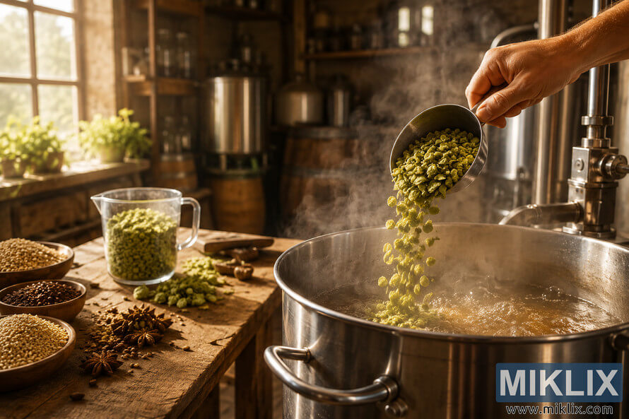 A landscape photo of a stainless steel brew kettle with steaming wort as a hand pours Brambling hops into the boil. A rustic wooden brewing table with hops, grains, spices, and a measuring cup sits in the foreground, while a cozy brewery with barrels, shelves, and soft sunlight creates a warm and inviting atmosphere. A landscape photo of a stainless steel brew kettle with steaming wort as a hand pours Brambling hops into the boil. A rustic wooden brewing table with hops, grains, spices, and a measuring cup sits in the foreground, while a cozy brewery with barrels, shelves, and soft sunlight creates a warm and inviting atmosphere.