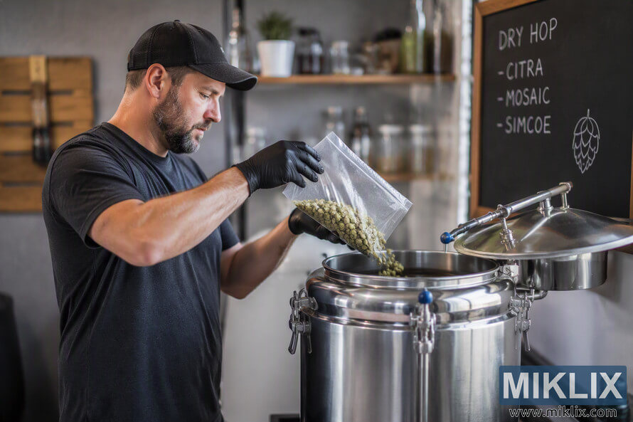 Landscape photograph of a homebrewer wearing gloves and a dark cap pouring pellet hops from a clear bag into an open stainless steel fermenter during the dry hop stage of beer production. Brewing equipment, shelves, jars, and a chalkboard with hop varieties are visible in the background.