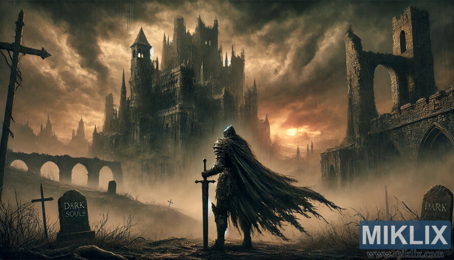 Un chevalier en armure avec une épée fait face à un château gothique sombre dans une terre brumeuse et en ruine de Dark Souls III.