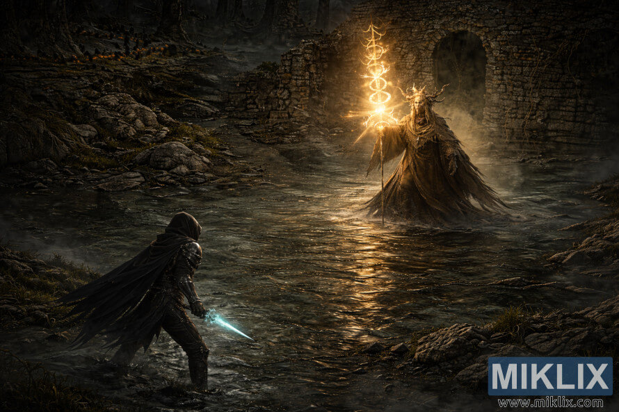 Isometric dark fantasy scene of the Tarnished in Black Knife armor facing Jori, Elder Inquisitor, across flooded ruins in the Darklight Catacombs before battle. Isometric dark fantasy scene of the Tarnished in Black Knife armor facing Jori, Elder Inquisitor, across flooded ruins in the Darklight Catacombs before battle.