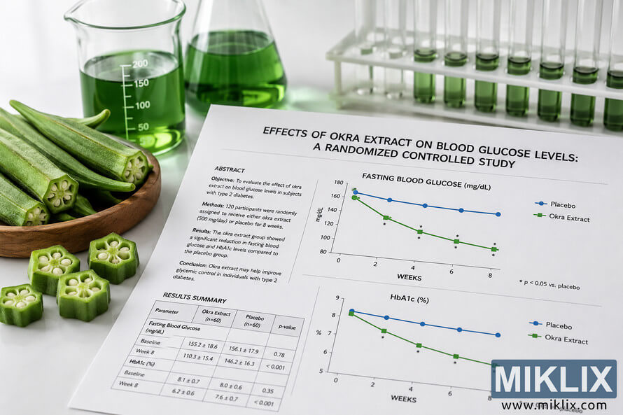High-resolution scientific research scene showing a printed study with blood glucose and HbA1c graphs, fresh okra pods and sliced okra, laboratory glassware containing green liquid, and test tubes arranged on a clean white laboratory surface, illustrating research into okra extract and blood sugar. High-resolution scientific research scene showing a printed study with blood glucose and HbA1c graphs, fresh okra pods and sliced okra, laboratory glassware containing green liquid, and test tubes arranged on a clean white laboratory surface, illustrating research into okra extract and blood sugar.
