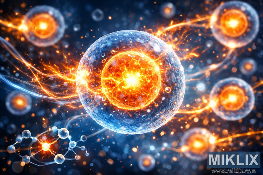Digital illustration of glowing biological cells with radiant orange cores and blue membranes connected by luminous energy trails, symbolizing metabolism and vitality. Digital illustration of glowing biological cells with radiant orange cores and blue membranes connected by luminous energy trails, symbolizing metabolism and vitality.