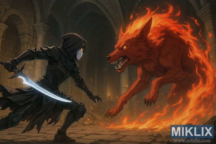 Batalla al estilo anime entre Tarnished con armadura de Cuchillo Negro y Red Wolf del CampeÃ³n en Elden Ring