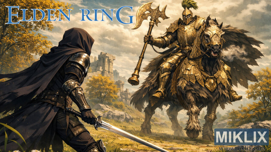 Limgrave ရဲ့ မြက်ခင်းပြင် အပျက်အစီးတွေကြားမှာ မြင်းစီးနေတဲ့ ရွှေရောင် Tree Sentinel ကို ရင်ဆိုင်နေရတဲ့ မှောင်မိုက်တဲ့ Black Knife ပုံစံ သံချပ်ကာကို ဝတ်ဆင်ထားတဲ့ ဦးထုပ်ဆောင်းထားတဲ့ စစ်သည်တော်တစ်ယောက်ရဲ့ ပရိသတ်အနုပညာ မြင်ကွင်း။