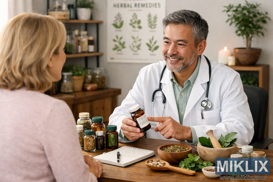 A doctor and patient discuss herbal supplements during a healthcare consultation, surrounded by natural remedies and plants. A doctor and patient discuss herbal supplements during a healthcare consultation, surrounded by natural remedies and plants.